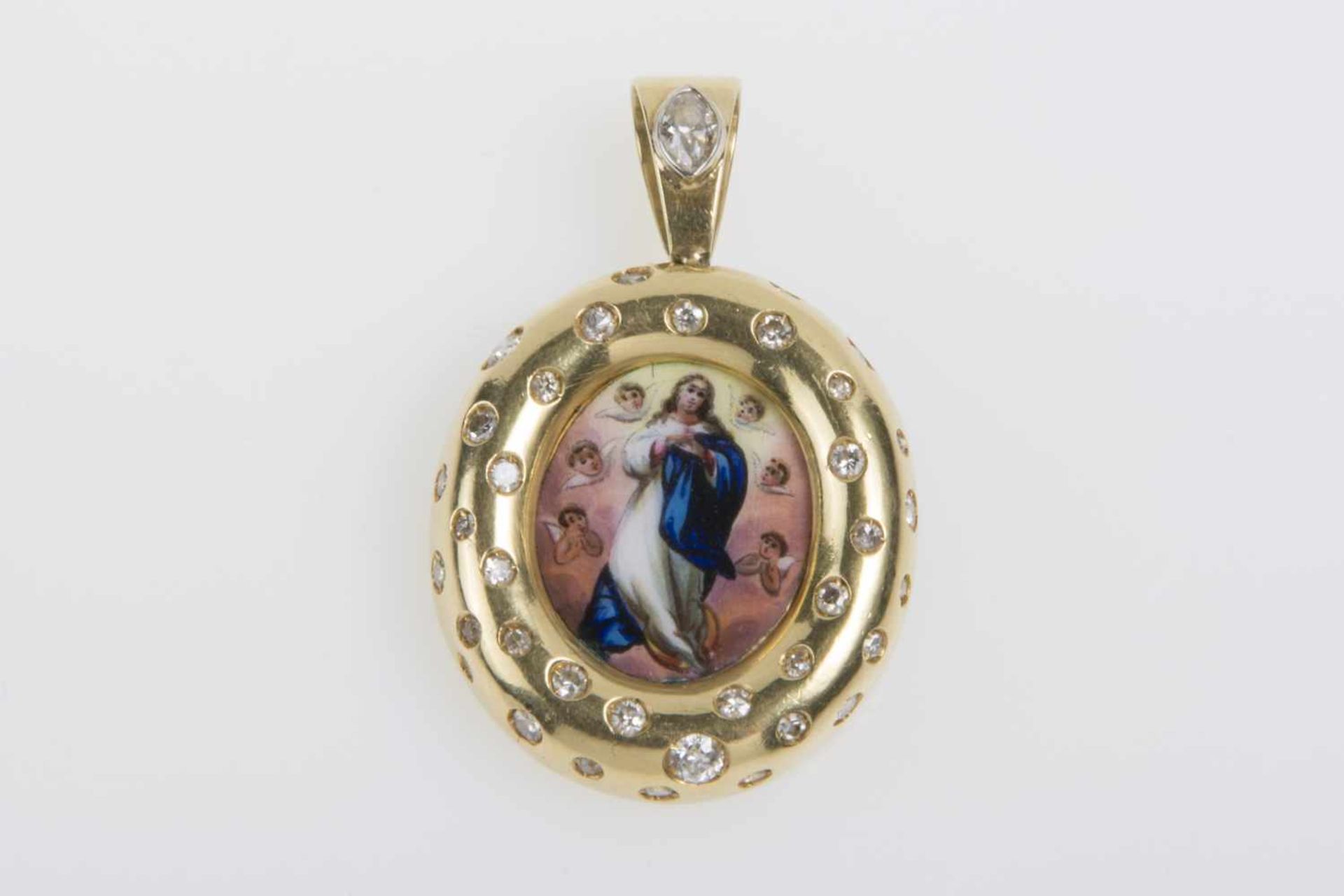 Madonna-AnhängerGold 750, mit 1 Diamant und Brillanten, zus. ca. 1ct., 21,3g;