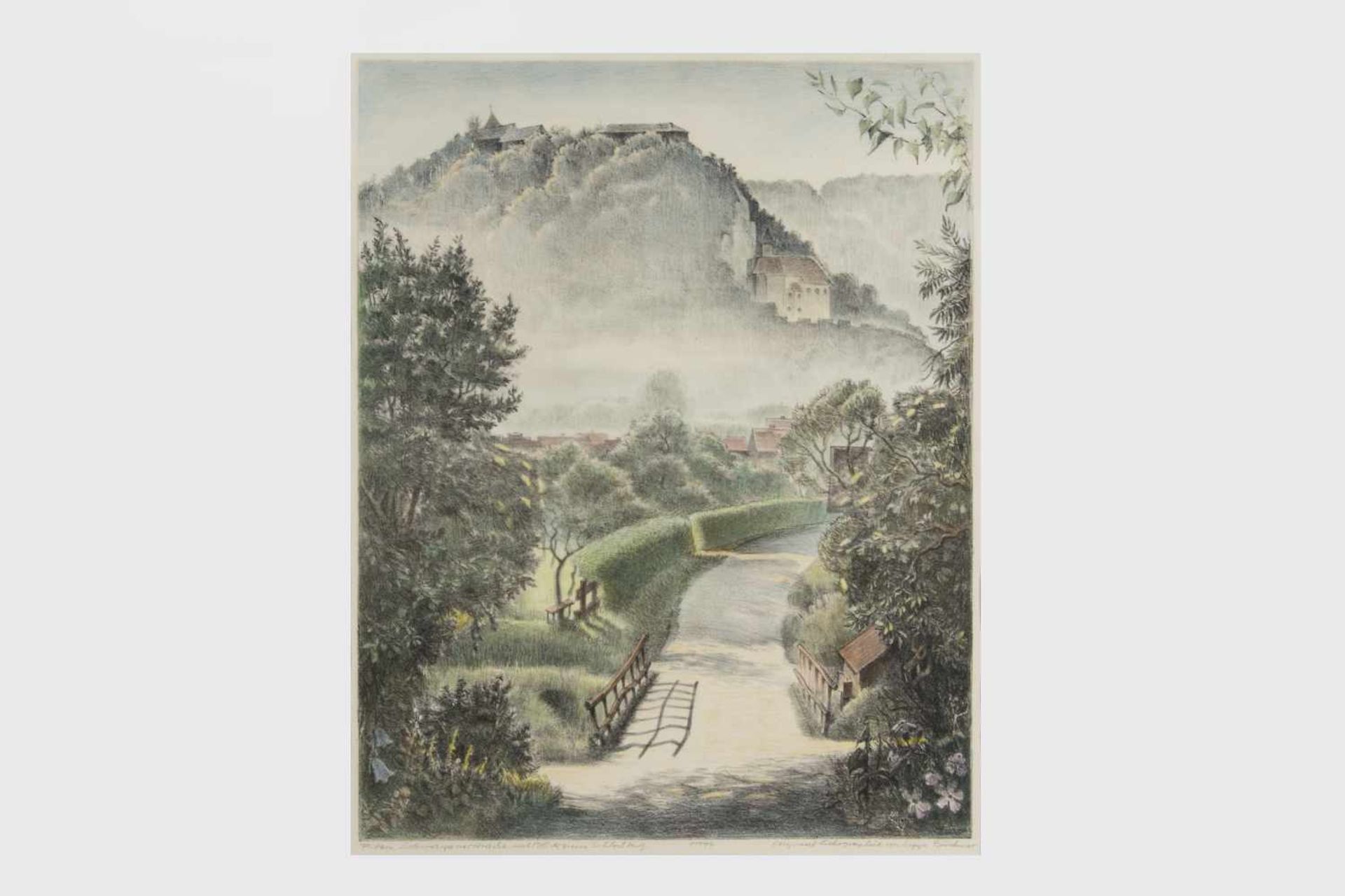 Sepp Buchner (Erlach 1921-2000)Pitten, Schwarzauerstrasse mit Blick zum Schloßberg, Lithografie in