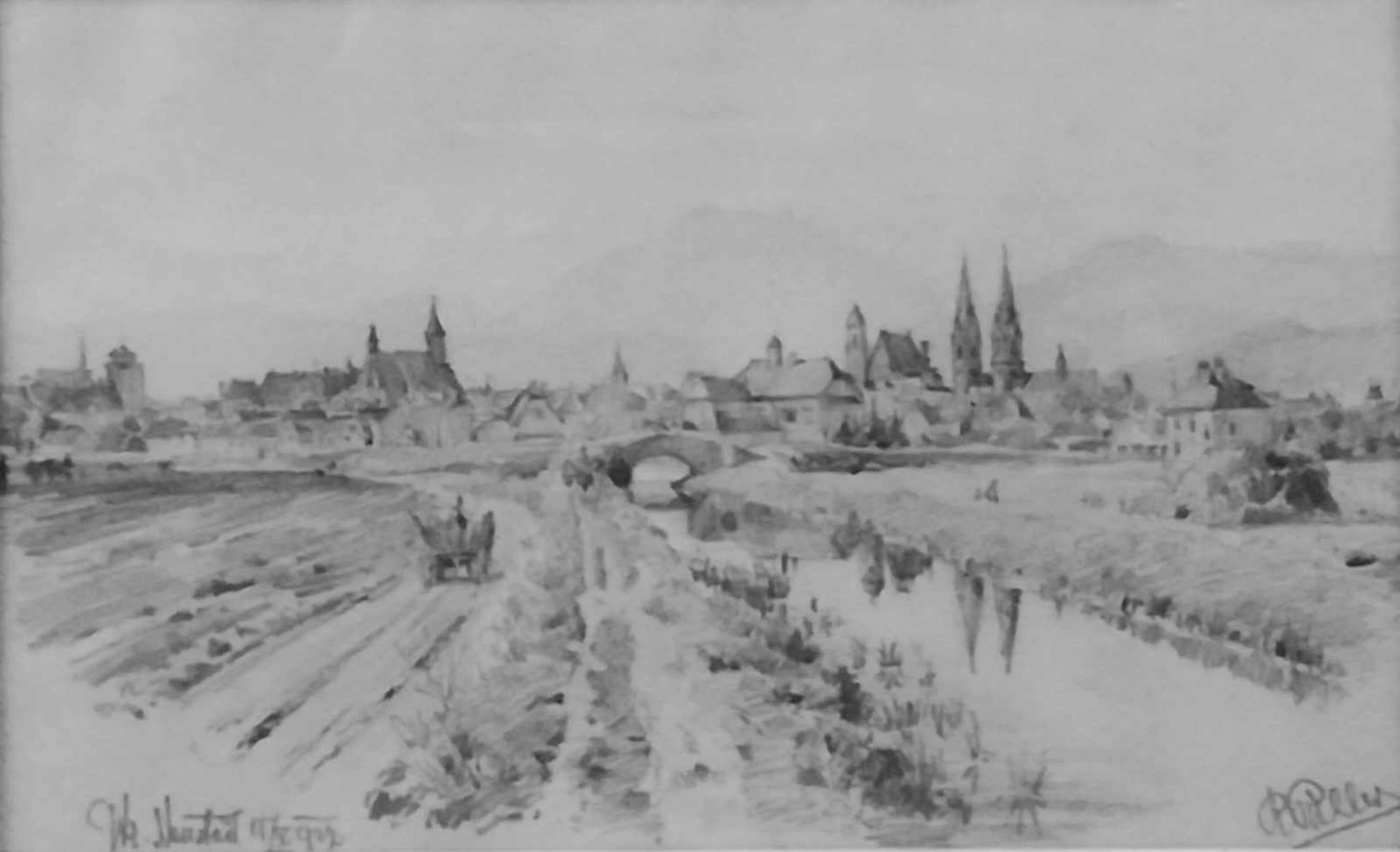 Rudolf Pichler ( Linz 1874-1950) Blick auf Wiener Neustadt, betitelt und datiert "Wr. Neustadt,