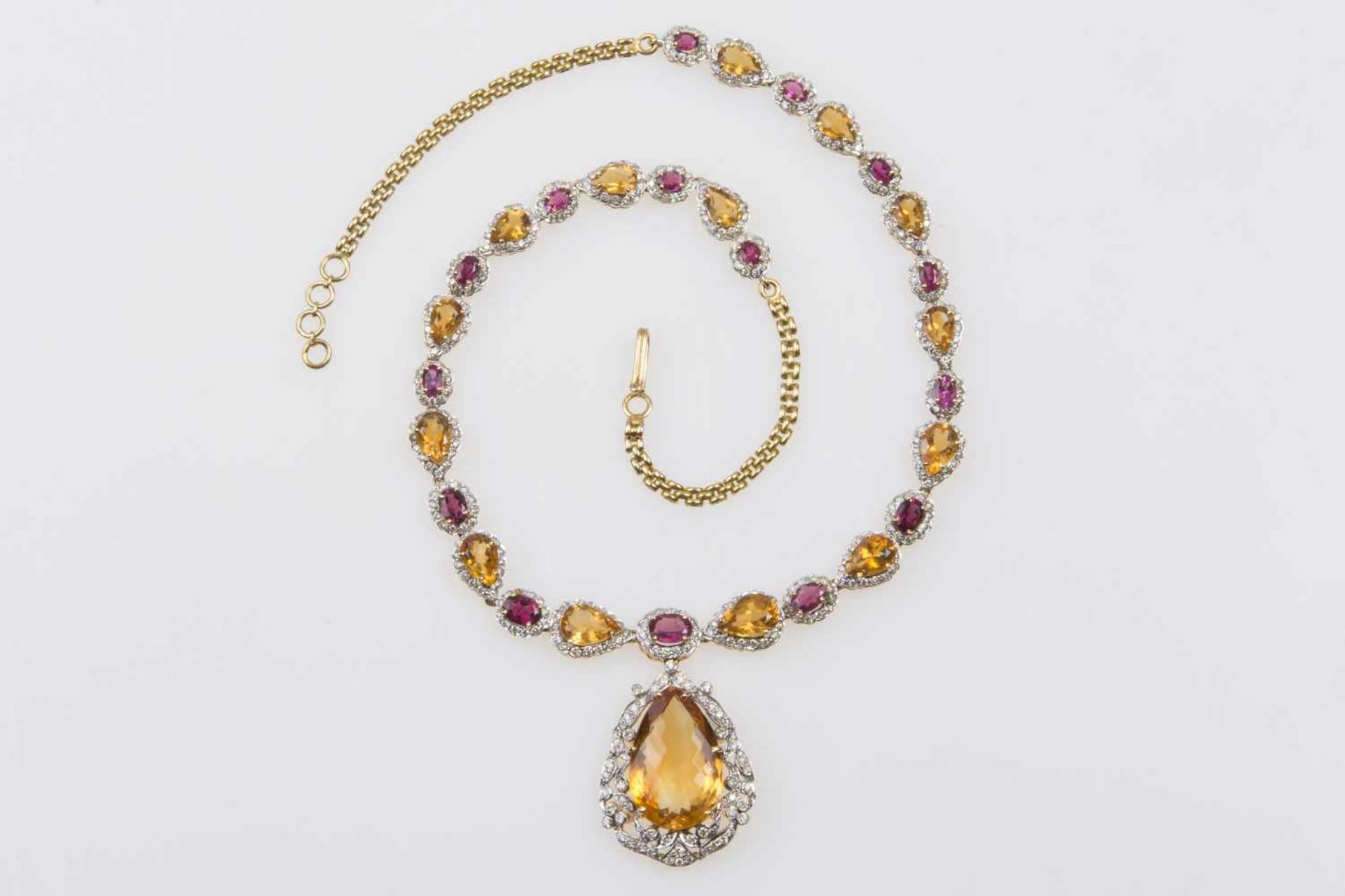 BrillantcollierGold 585, Brillanten, zus. ca. 4ct., Citrin und Amethyst, teilw. rhodiniert, Länge