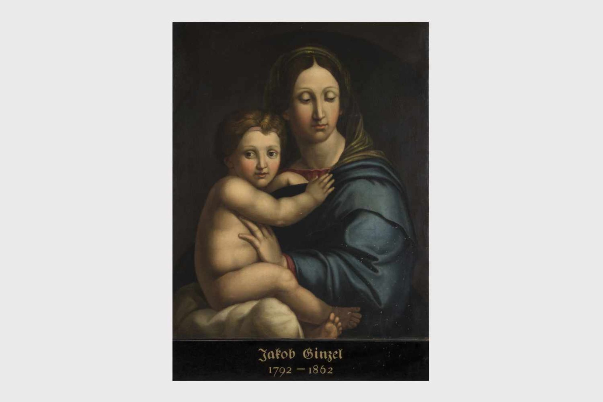 Bezeichnet Jakob Ginzel (1792-1862)Madonna mit Kind, Öl auf Leinen, 78x62 cm, gerahmt; - Bild 2 aus 2