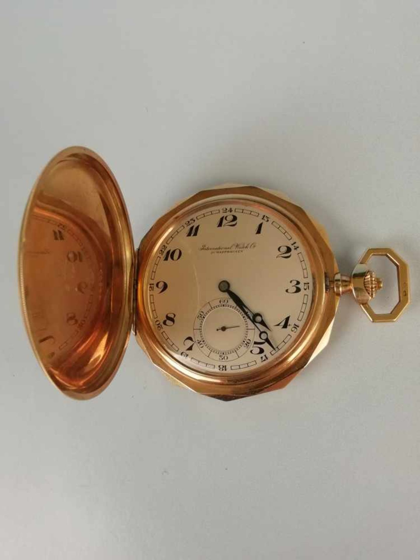 Herrentaschenuhr IWC SchaffhausenGold 585, Springdeckel, Ankerwerk, Minutenchaton verschraubt,