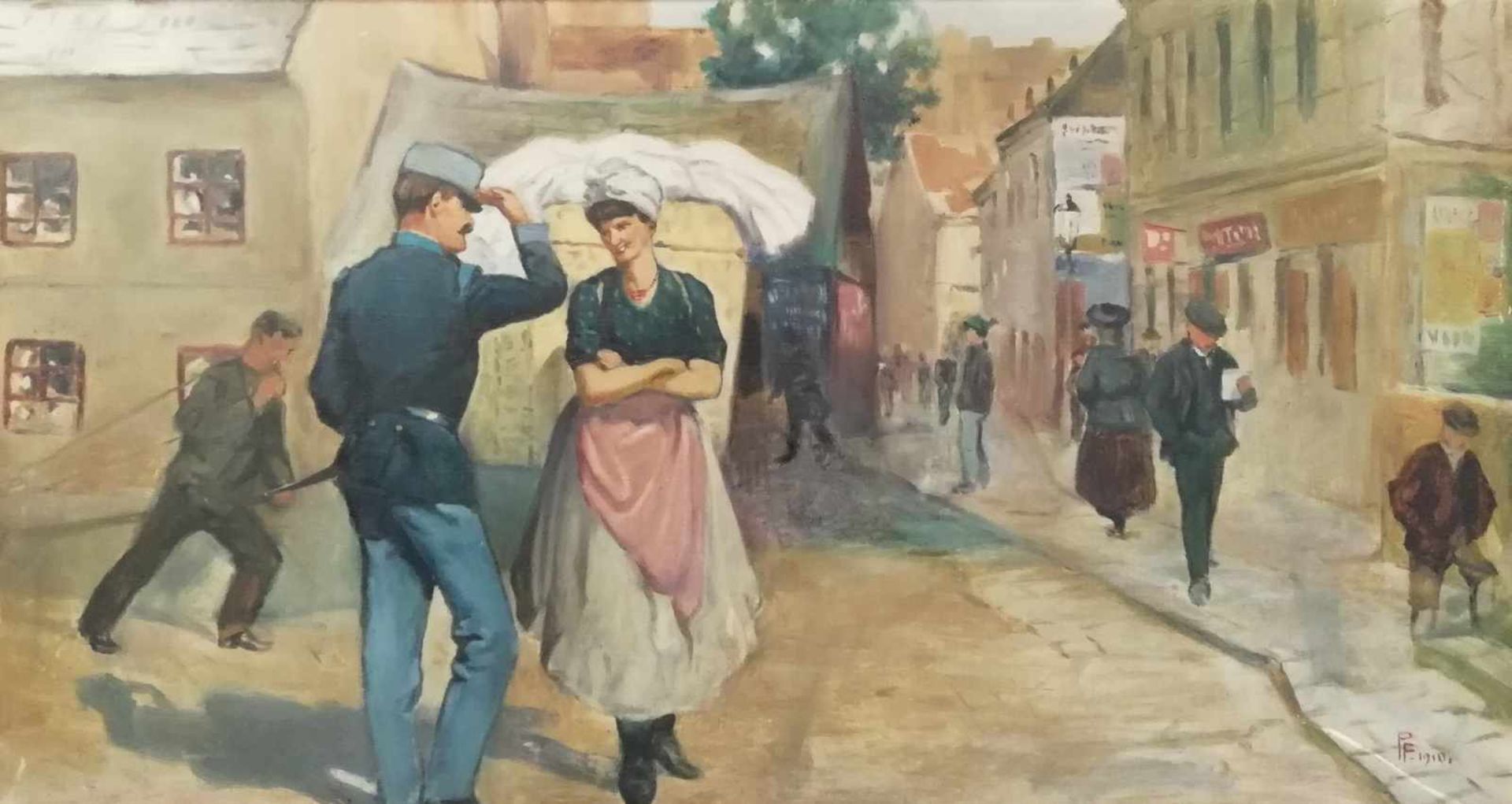 Künstler 20Jh.,monogrammiert und datiert P.F. 19210, "Straßenszene mit Wäschermädel und Kavalier",