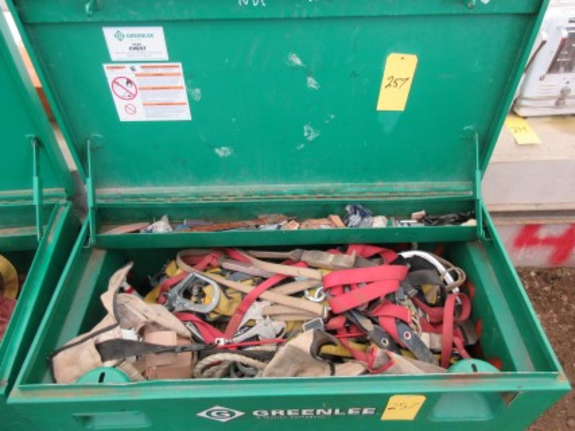Greenlee 24'' x 48'' jobsite box c/w contents including misc. small, tools, elec. supplies,