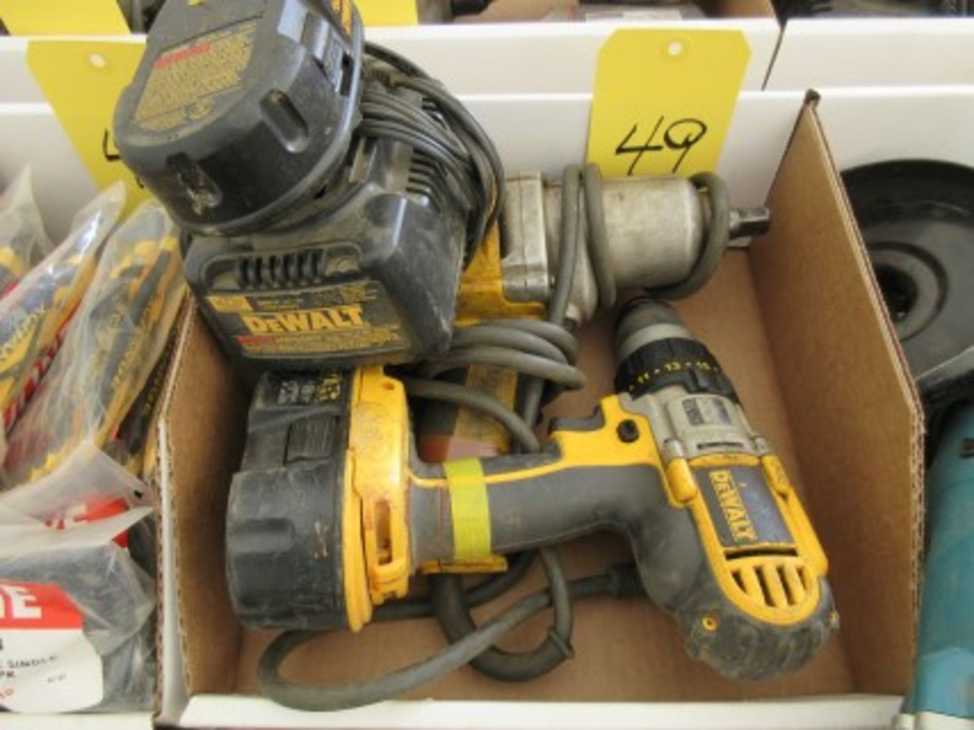 Dewalt 18V 1/2'' cordless drill and spare battery w/ charger, and Dewalt 1/2'' drive elec. impact