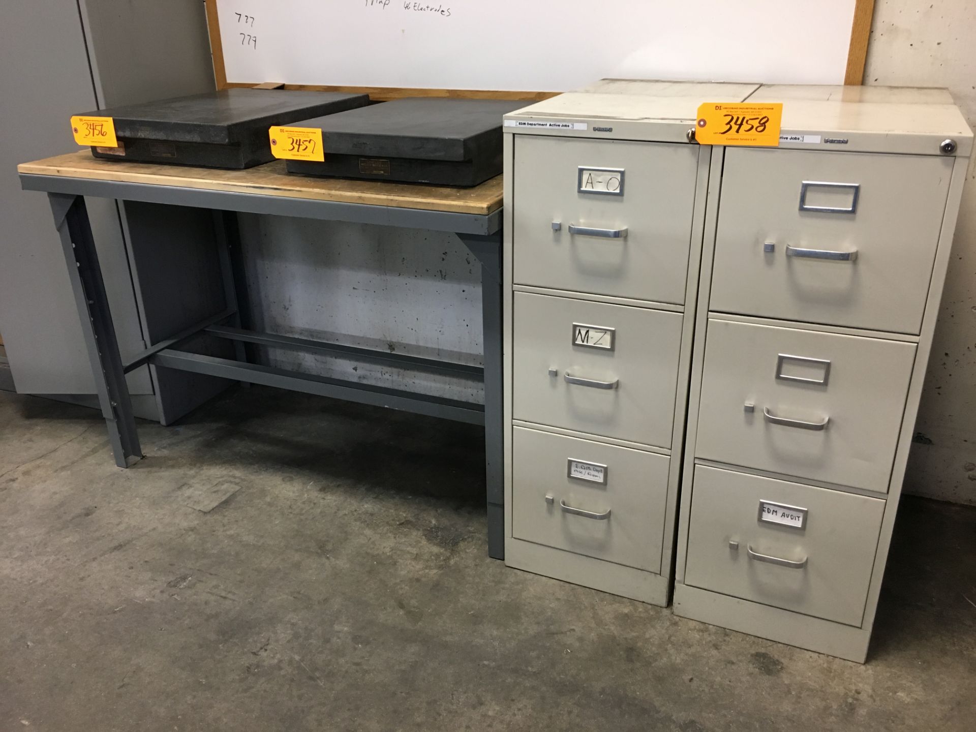 (2) HON 3-DRAWER FILE CABINETS & (1) METAL WORK BENCH