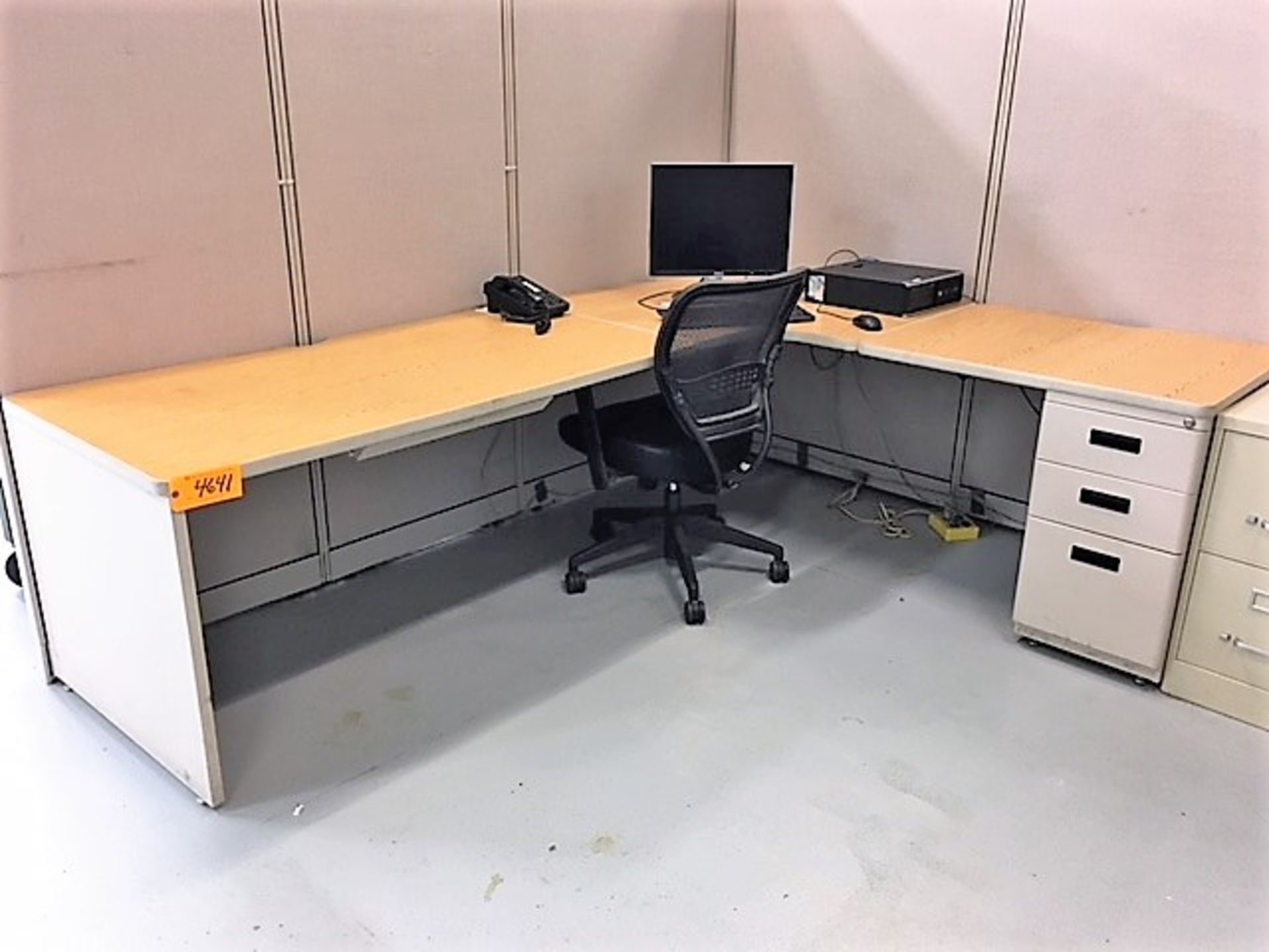 (2) MODULAR DESKS, (1) ROUND TABLE & (1) LATERAL FILE CABINET (CONTENTS - MAZAK BOOKS ARE NOT