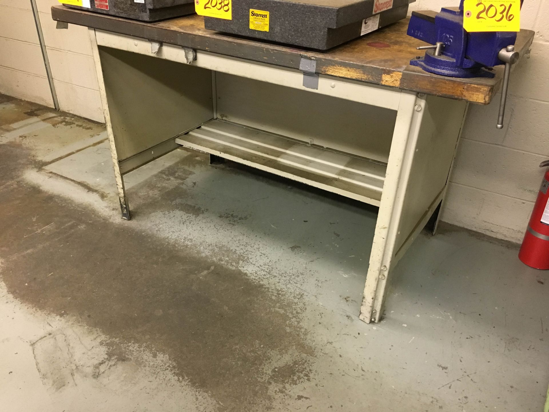 WOOD TOP WORK BENCH WITH VISE & WOOD CABINET