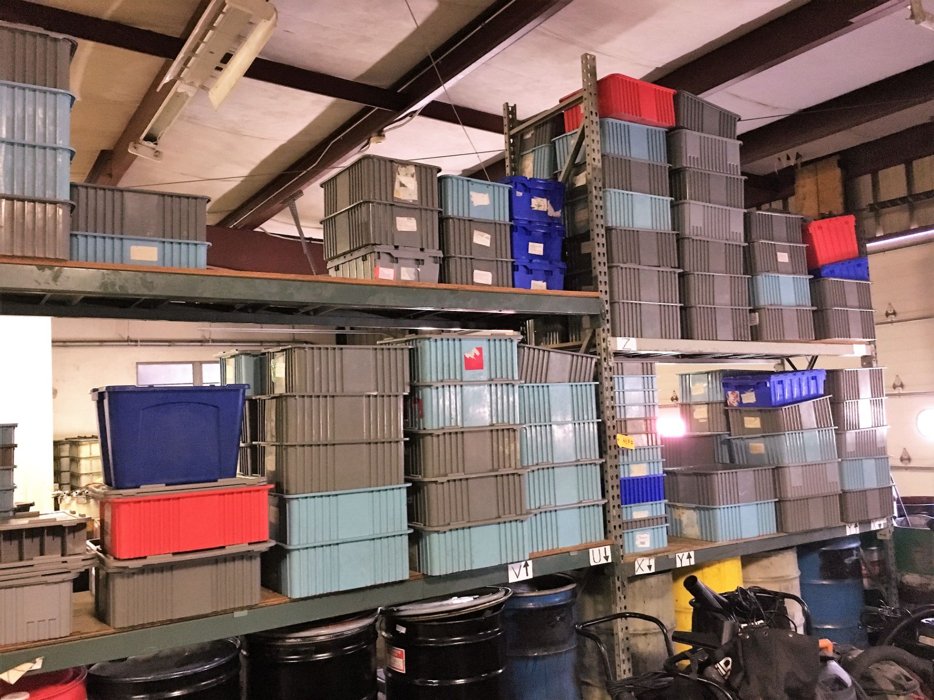 (2) SECTIONS HEAVY DUTY RACK SHELVING WITH CONTENTS (PLASTIC BINS & TOTES)