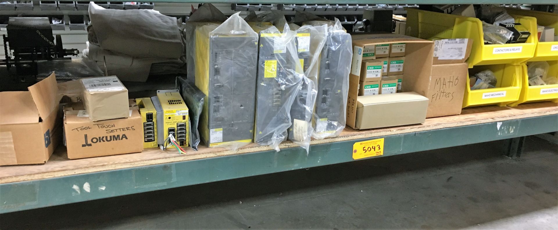 CONTENTS OF SHELF: FANUC PARTS, RELAYS, CIRCUIT BREAKERS & OTHER MACHINE PARTS