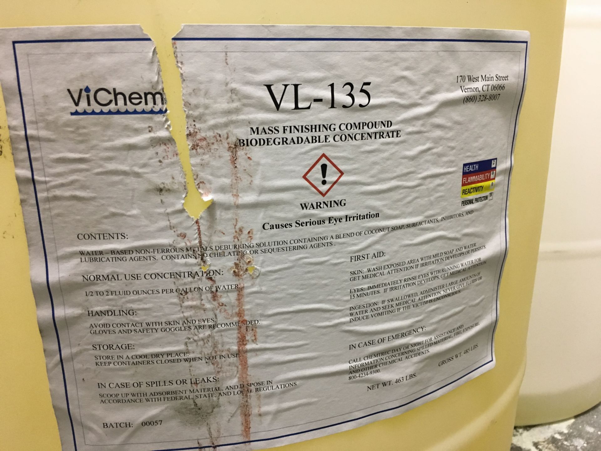 (1) DRUM "Vi-CHEMICAL" WATER BASED MASS FINISHING COMPOUND BIODEGRADABLE CONCENTRATE (NEW)(USED - Image 2 of 4