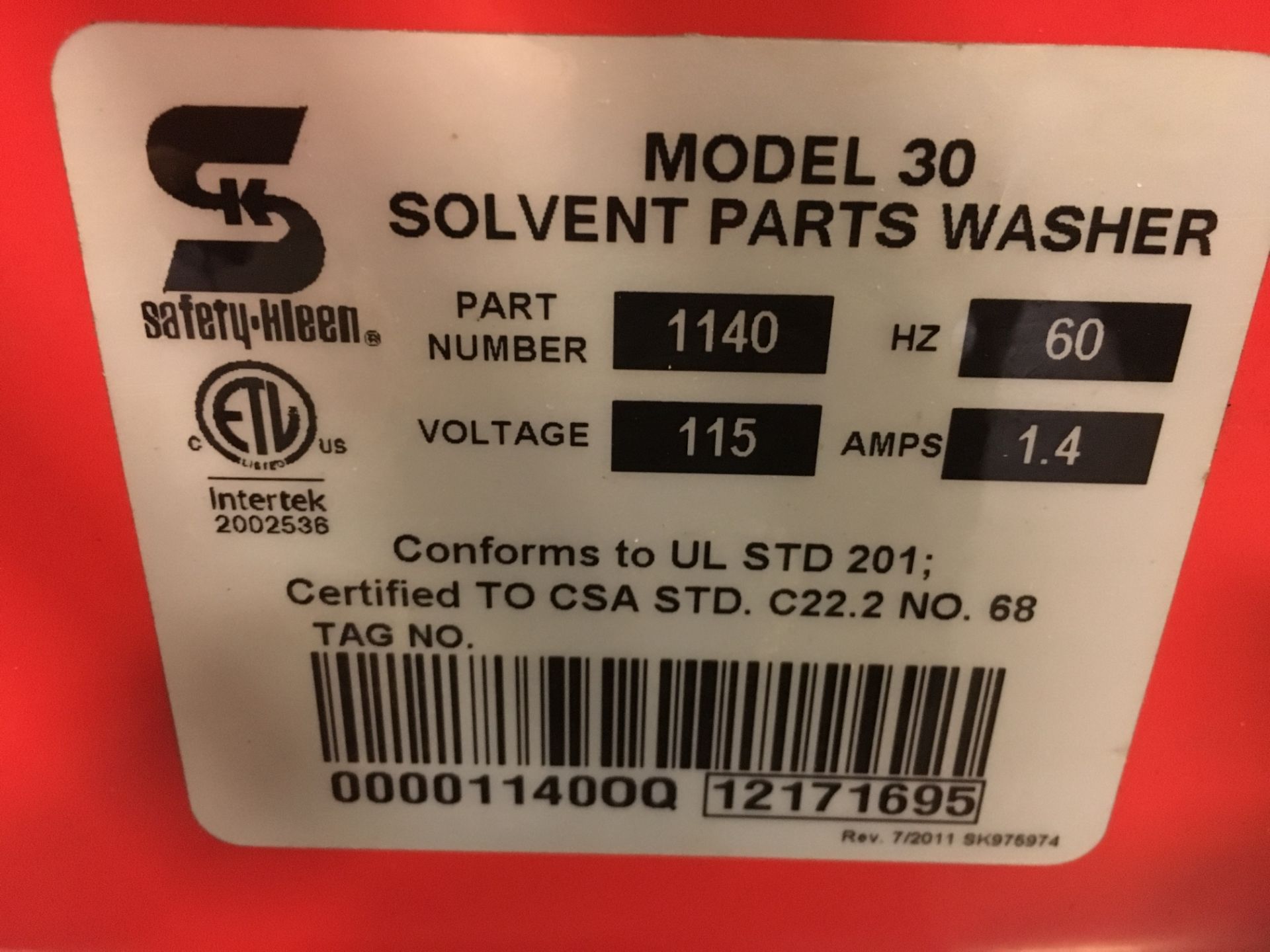 Safety Kleen Model 30 Solvent Parts Washer - Image 2 of 2