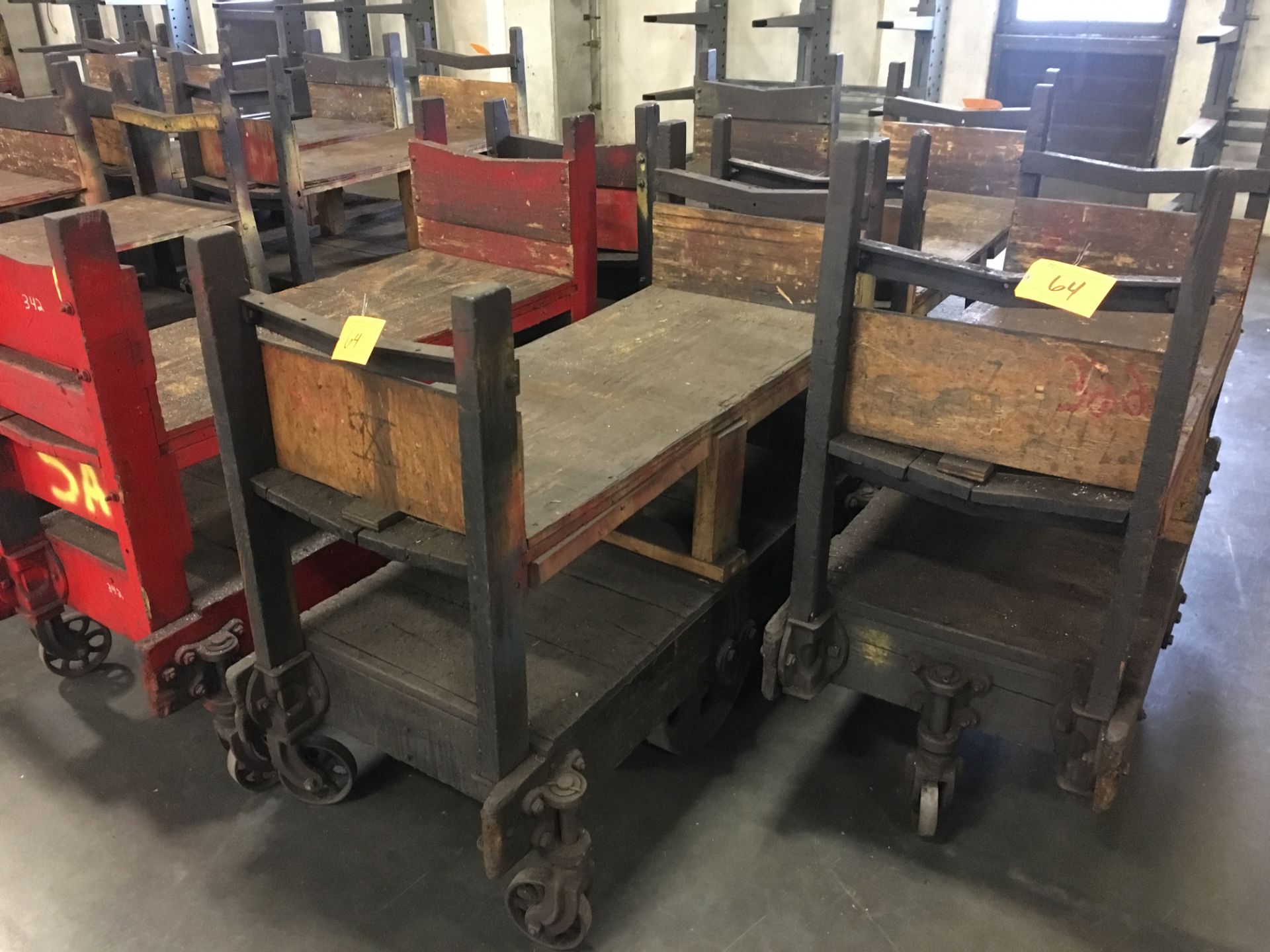 (5) Antique Wooden Carts with Cast Iron Wheels
