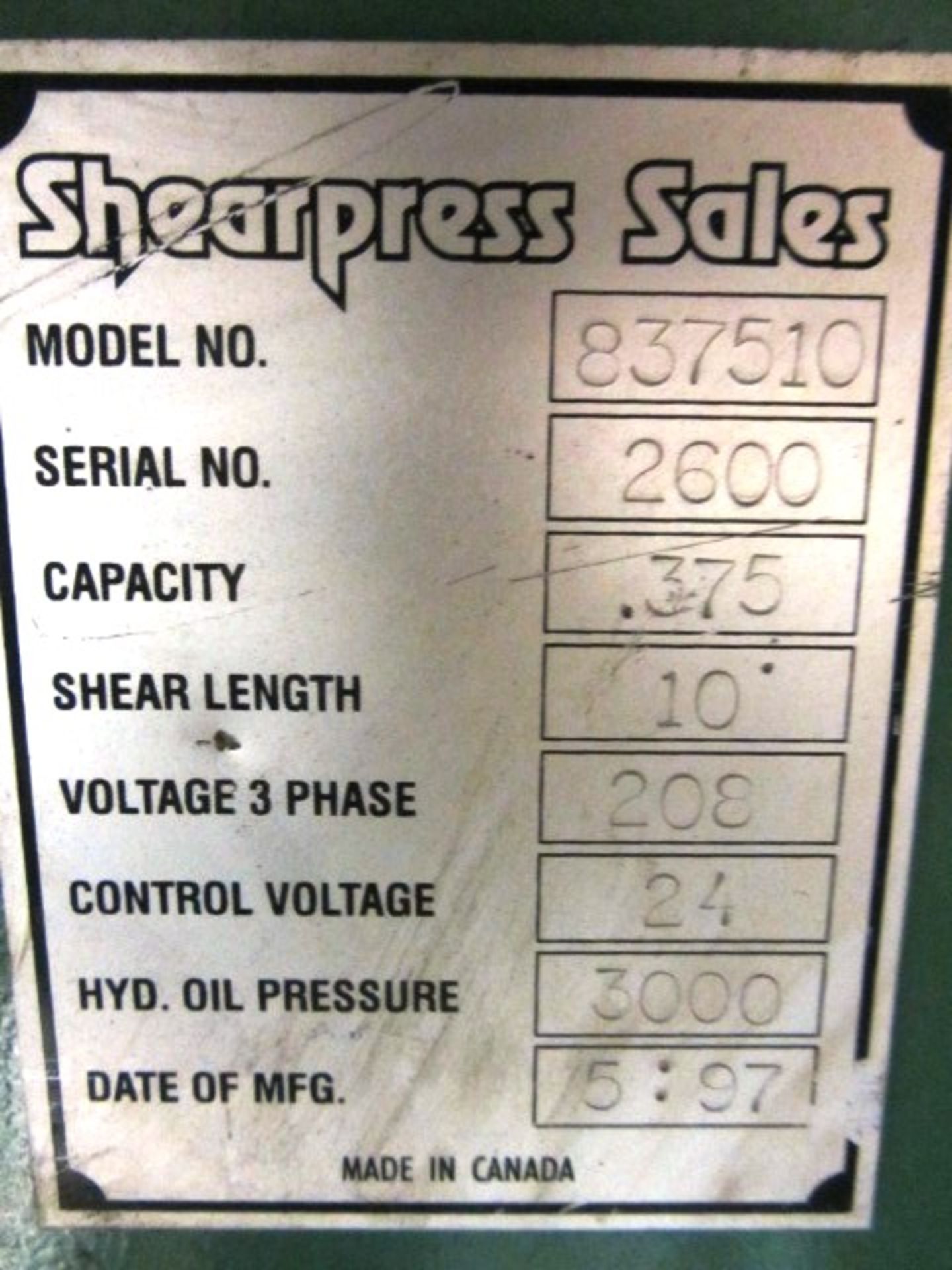 Accurshear Model 837510 10' x 3/8'' CNC Hydraulic Shear with 2-Axis Backgauge, Accurshear - Image 8 of 8