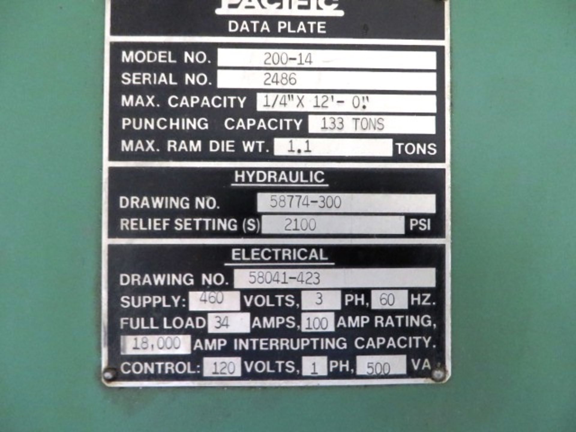 Pacific Model 200-14 200 Ton x 14' O.A. Hydraulic Press Brake with 12' Between Housings, 1/4" x - Image 3 of 4