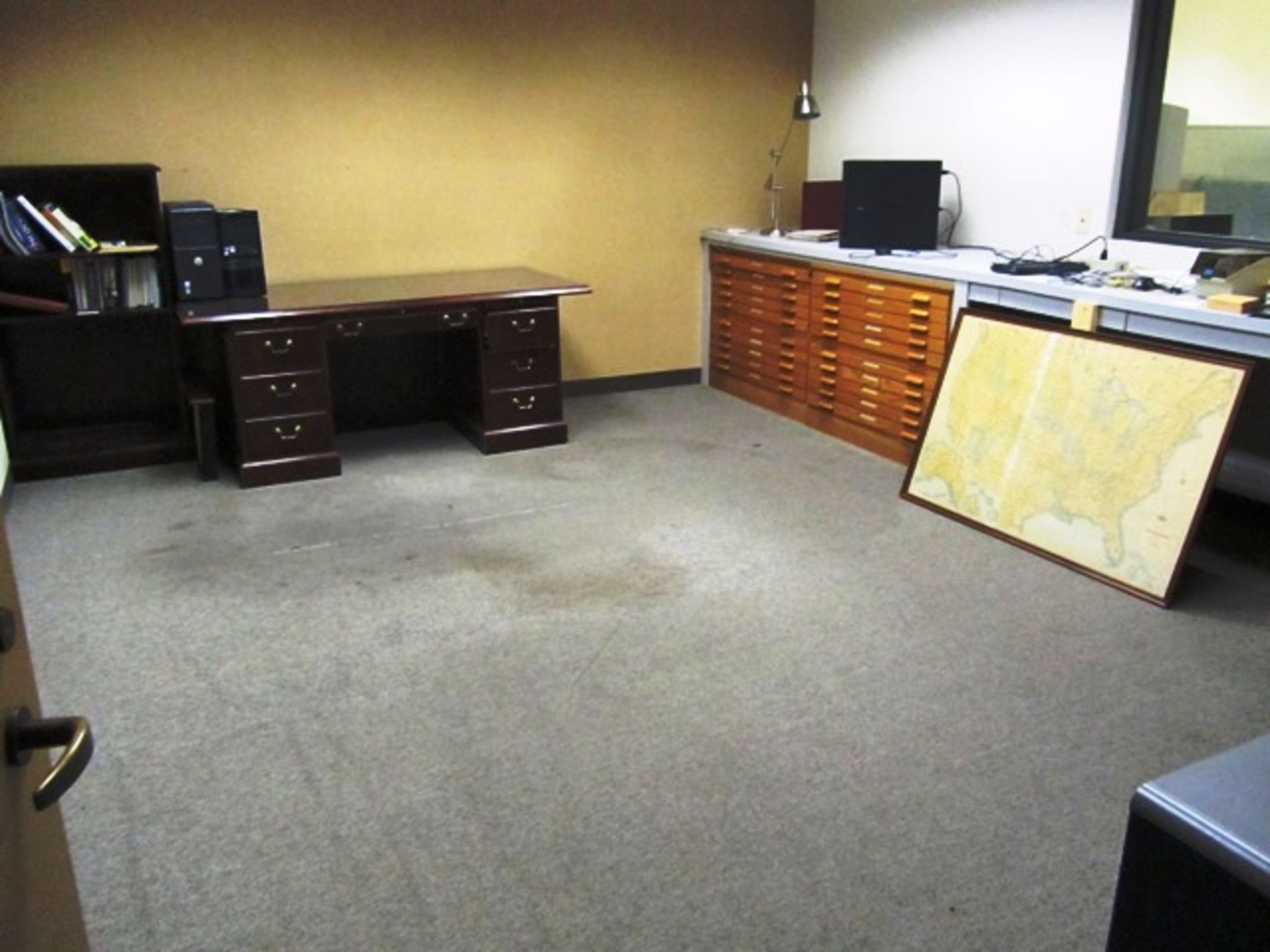 Contents of Office consisting of Desk, Chairs, Wood Blueprint Cabinets