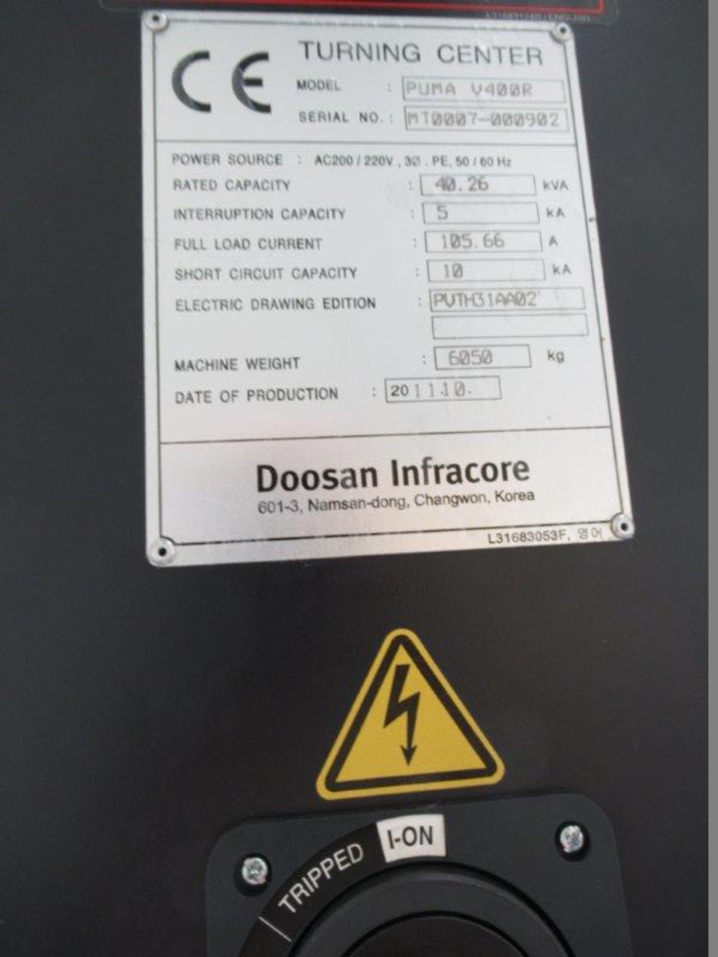 Doosan Puma V400 Right Side CNC Vertical Turning Center with 15'' 3-Jaw Power Chuck, 496MM Maximum - Image 4 of 4