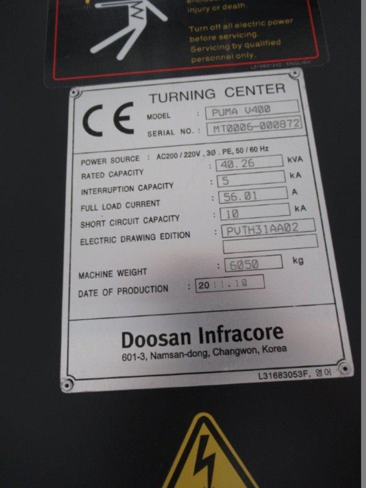 Doosan Puma V400 Left Side CNC Vertical Turning Center with 15'' 3-Jaw Power Chuck, 496MM Maximum - Image 4 of 4