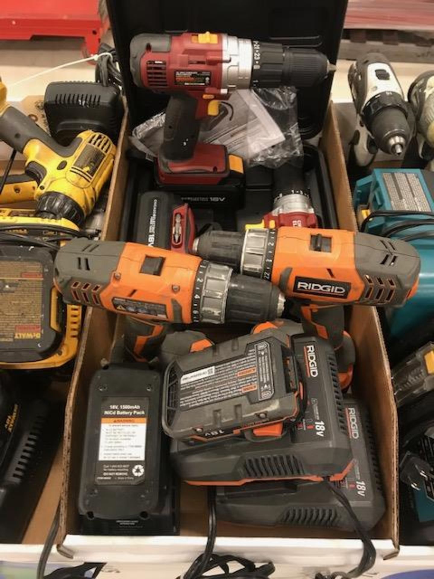 (2) Chicago Electric Drills & Chargers, (2) Ridgid Drills & Chargers