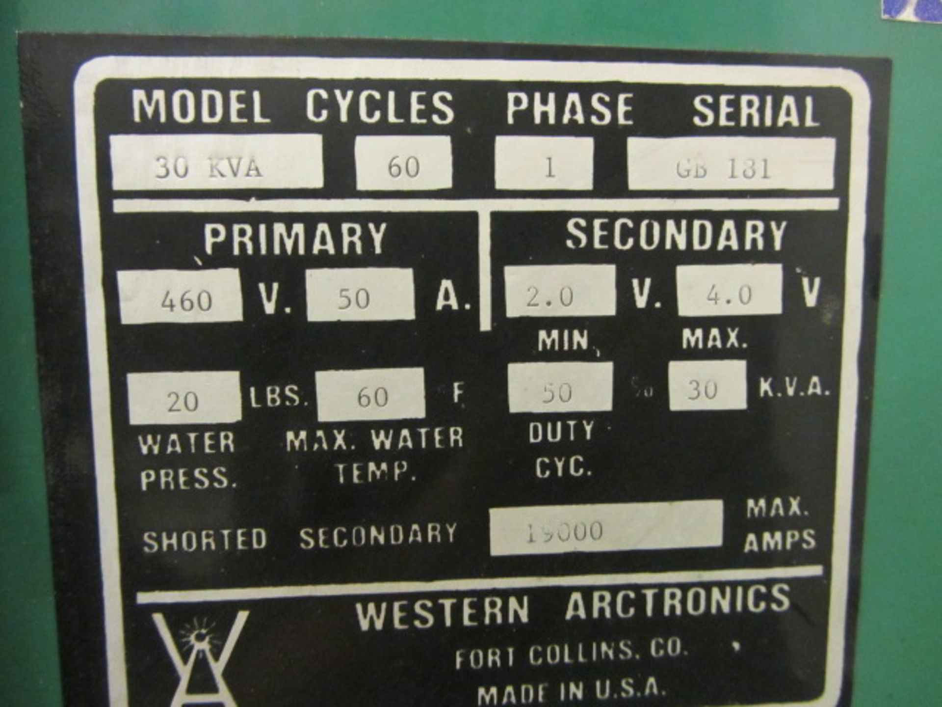 Western Arctronics 30 KVA Spot Welder with 1 Phase, Timer, Controls, Remote Foot Pedal Control, sn: - Image 4 of 6