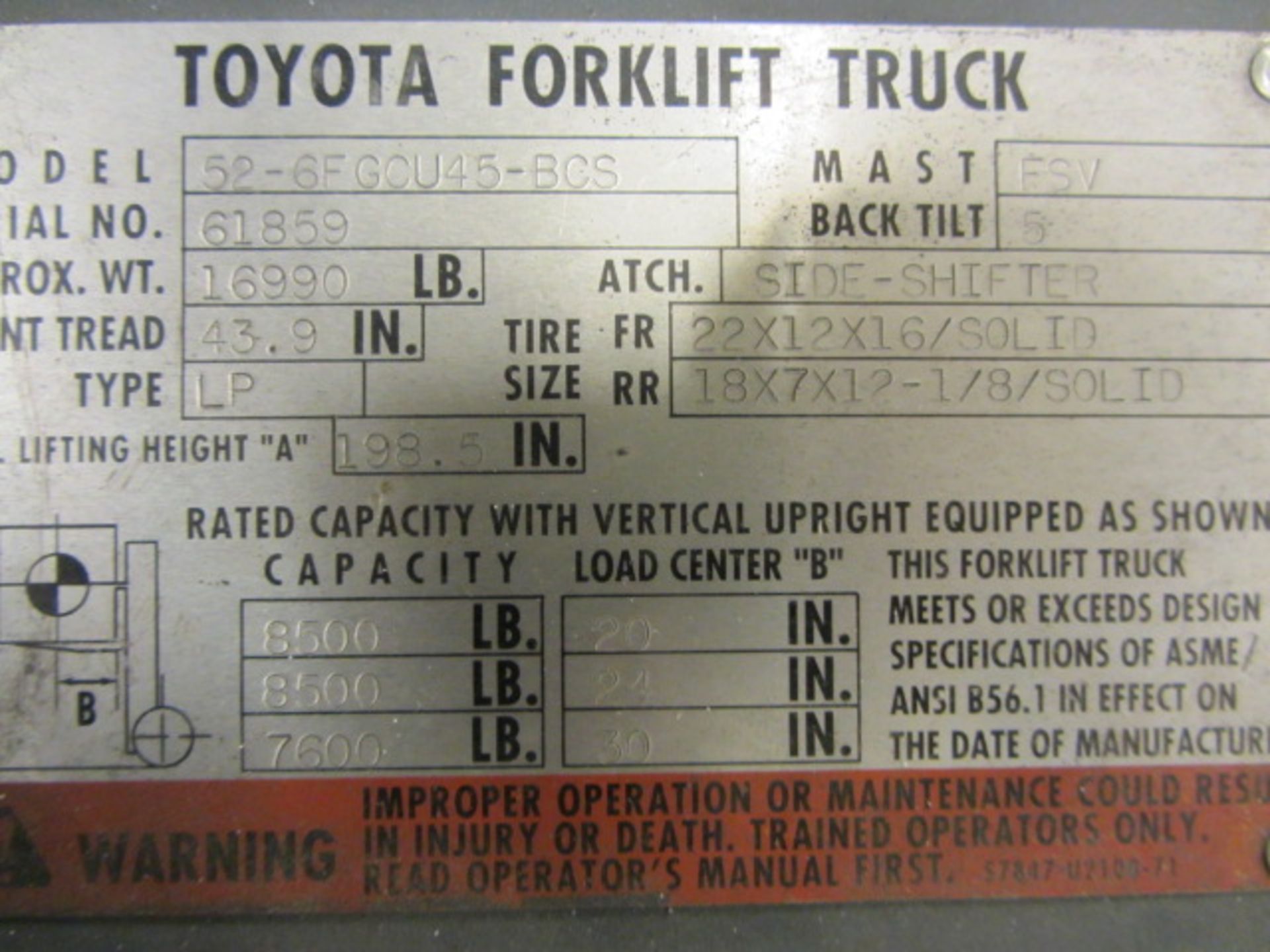 Toyota Model 52-6FGCU45-BCS 8500lb LP Forklift with (3) Stage Mast with Side Shift, 72'' Long Forks, - Image 6 of 7