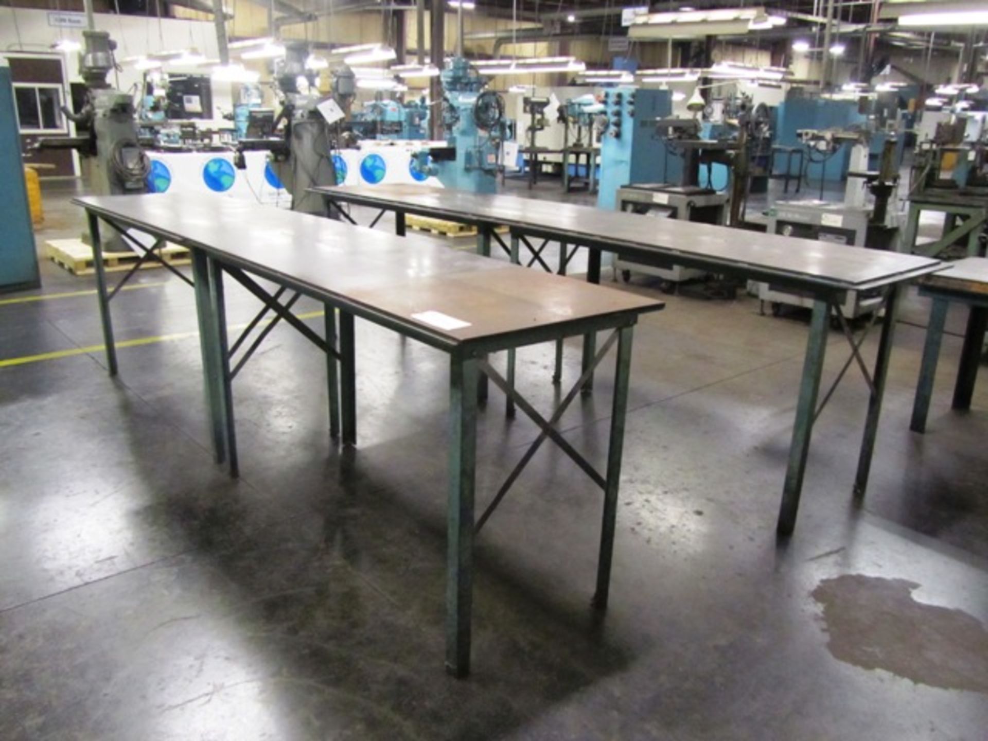 (2) 30'' x 144'' Steel Tables, (1) Workbench, (2) Wood Cabinets