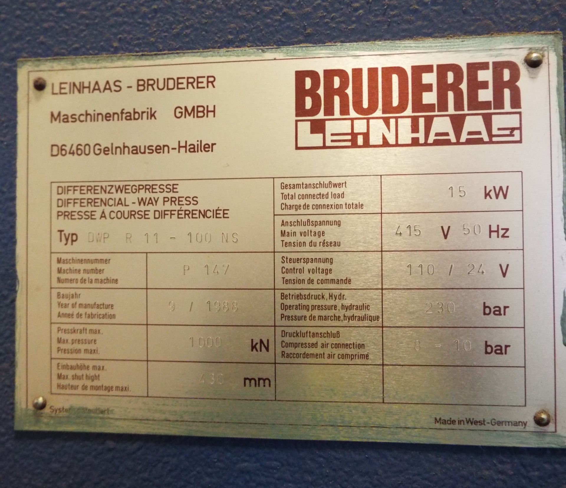 Bruderer Leinhaas DWP-R11-100-NS Single Column Differential High Speed Hydraulic Press - Image 2 of 10