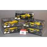 Minichamps. Five Jordan diecast model Racing Cars in 1:43 scale including Toyota and Honda variants.