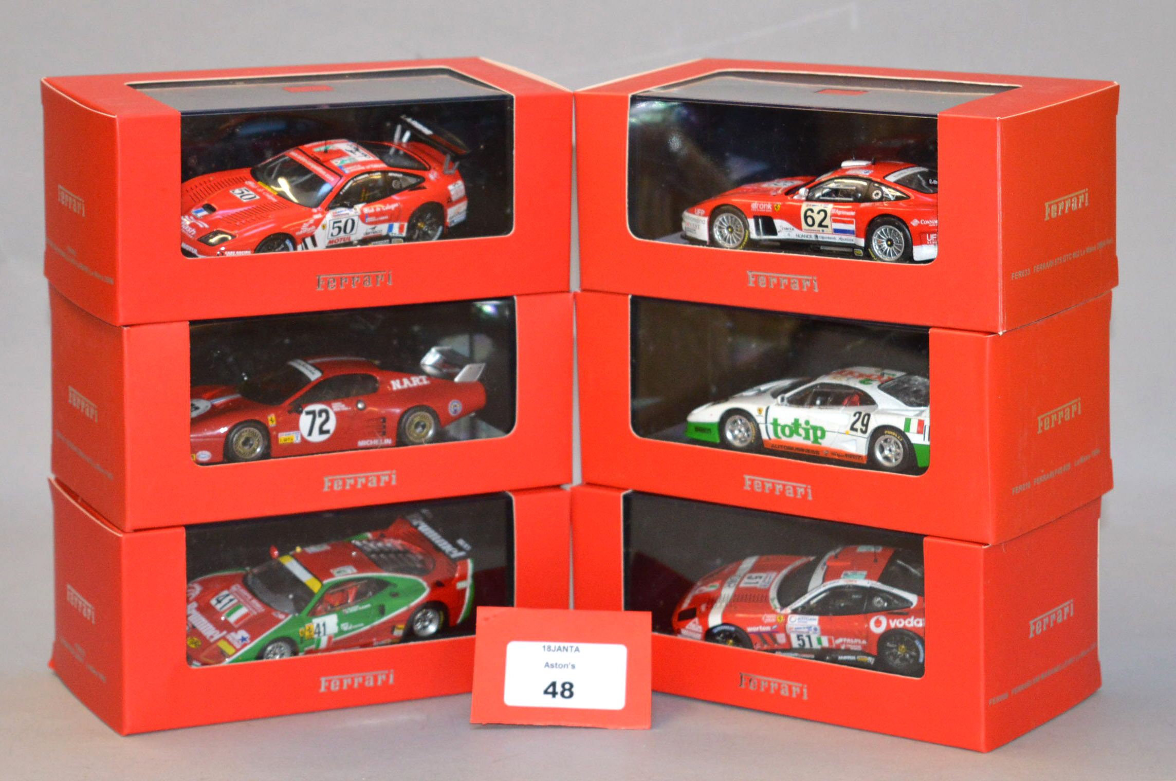 Six boxed IXO diecast model Ferrari cars in 1:43 scale including F40,