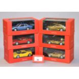 Six boxed IXO diecast model Ferrari cars in 1:43 scale including 360,