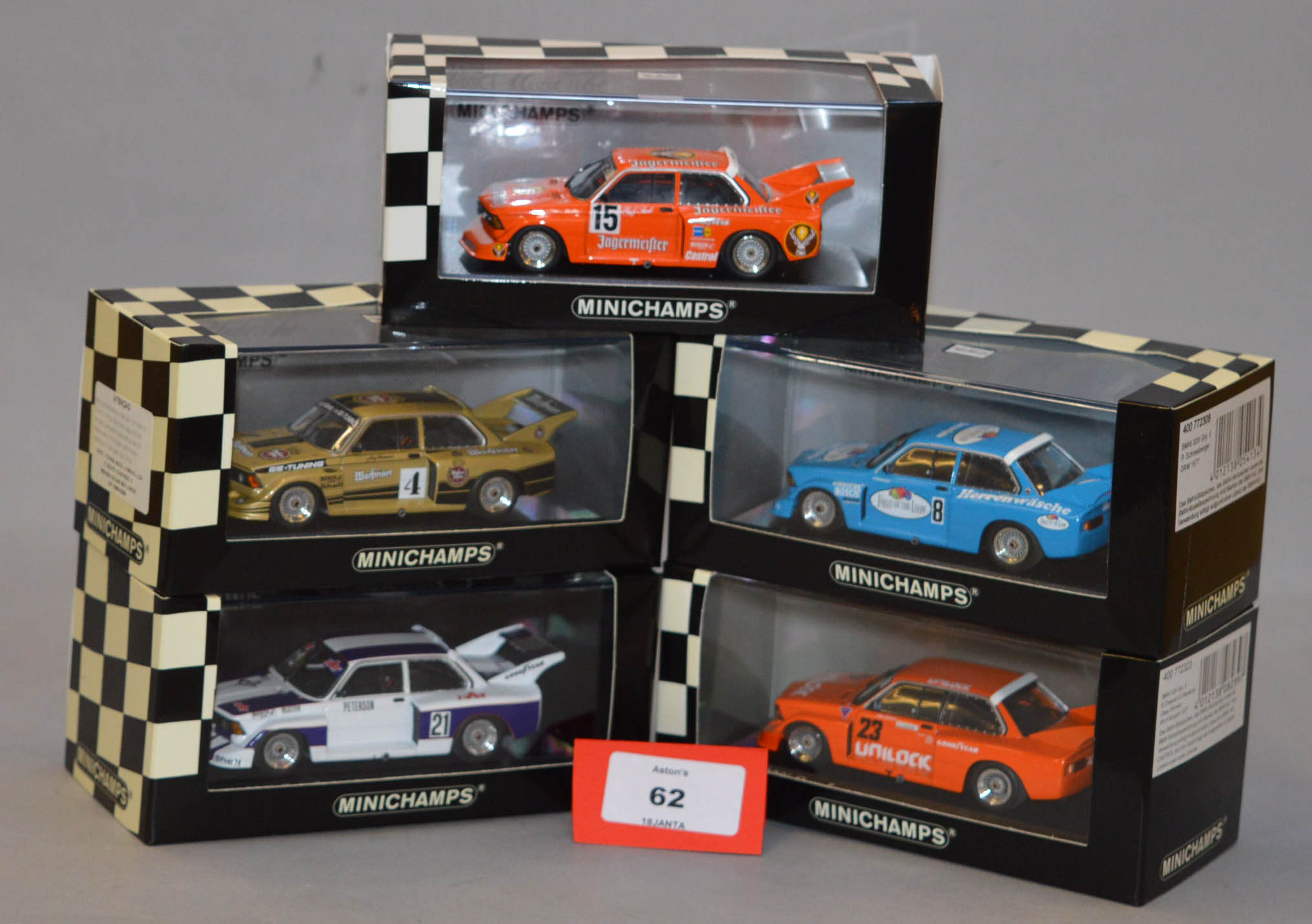 Minichamps. Five BMW 320i diecast model cars in 1:43 scale including 400 772308 (L.Ed.