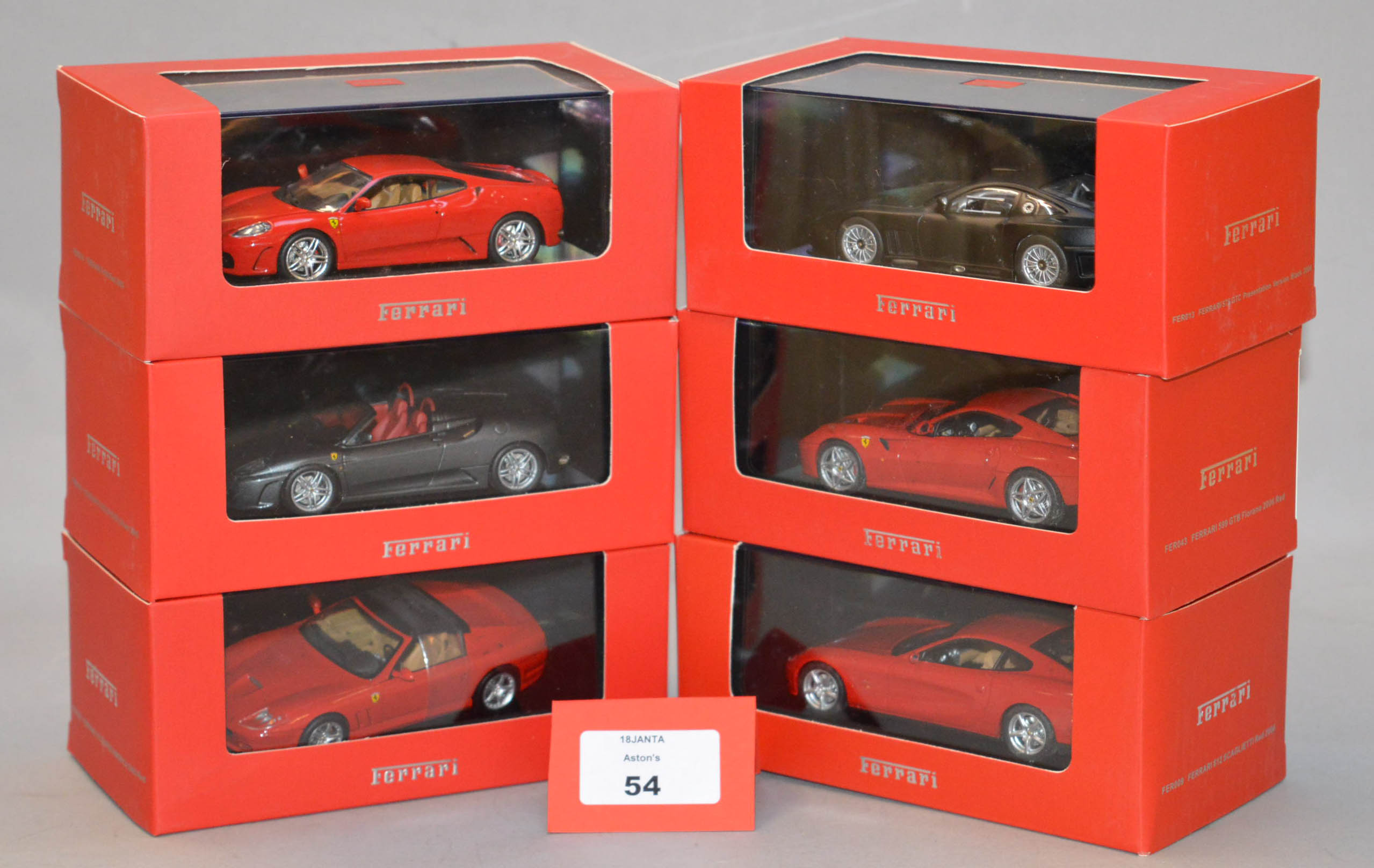 Six boxed IXO diecast model Ferrari cars in 1:43 scale including F430 and F430 Spider (2005),