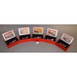 Five Hot Wheels diecast Ferrari models in 1:43 scale including a 1971 312B2, a 1974 312B3/74,