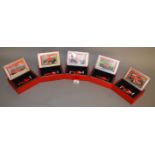 Five Hot Wheels diecast Ferrari models in 1:43 scale including a 1992 F92A, a 1994 F412T1B,