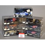 Minichamps. Seven diecast model Racing Cars in 1:43 scale including a Wolf Ford WR1 J.