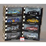 Minichamps. Eight Porsche 911 GT3 R and RS diecast model cars in 1:43 scale.