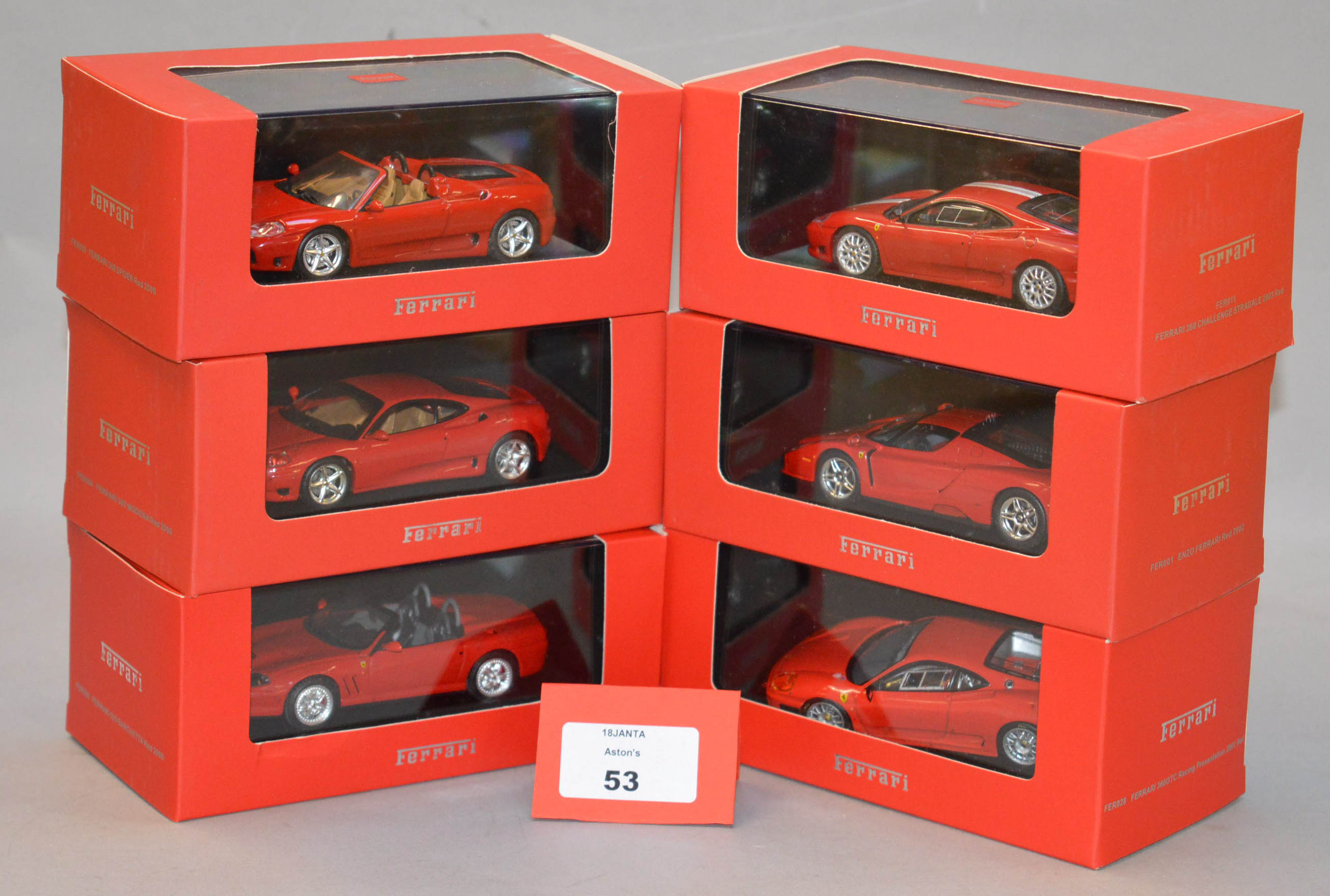 Six boxed IXO diecast model Ferrari cars in 1:43 scale including Ferrari 550 Barchetta 2000,