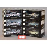 Minichamps. Six BMW diecast model race cars in 1:43 scale, three 3.