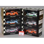 Minichamps. Six Porsche 911 GT3 Cup diecast model cars in 1:43 scale.