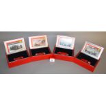 Four Hot Wheels diecast Ferrari models in 1:43 scale including a 1949 125 F1, 1952 500 F2, 1956 D50,