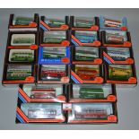 Twenty boxed diecast bus and coach models in 1:76 scale by EFE.