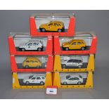 Seven boxed Giocher diecast Fiat taxi models in 1:43 scale, overall appear VG in G+/VG boxes.