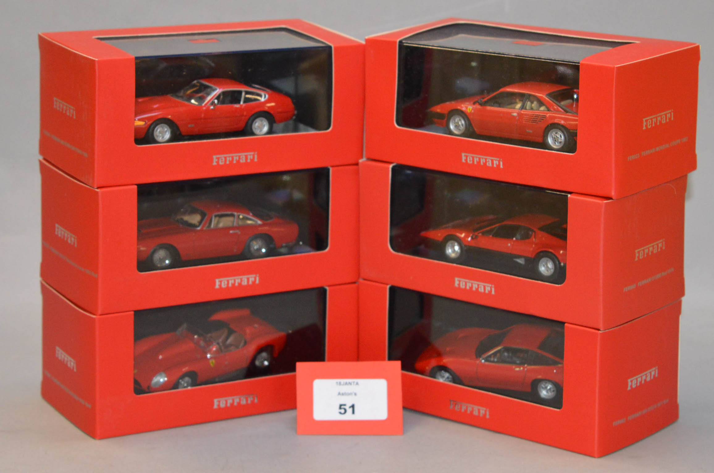 Six boxed IXO diecast model Ferrari cars in 1:43 scale including 250, 250GT,