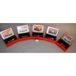 Five Hot Wheels diecast Ferrari models in 1:43 scale including a 1963 156, a 1964 158, a 1966 F310,