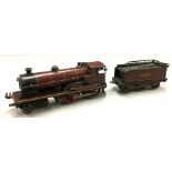 O gauge. Bing for Bassett-Lowke 4-4-0 maroon clockwork locomotive with maroon tender no. 1000.