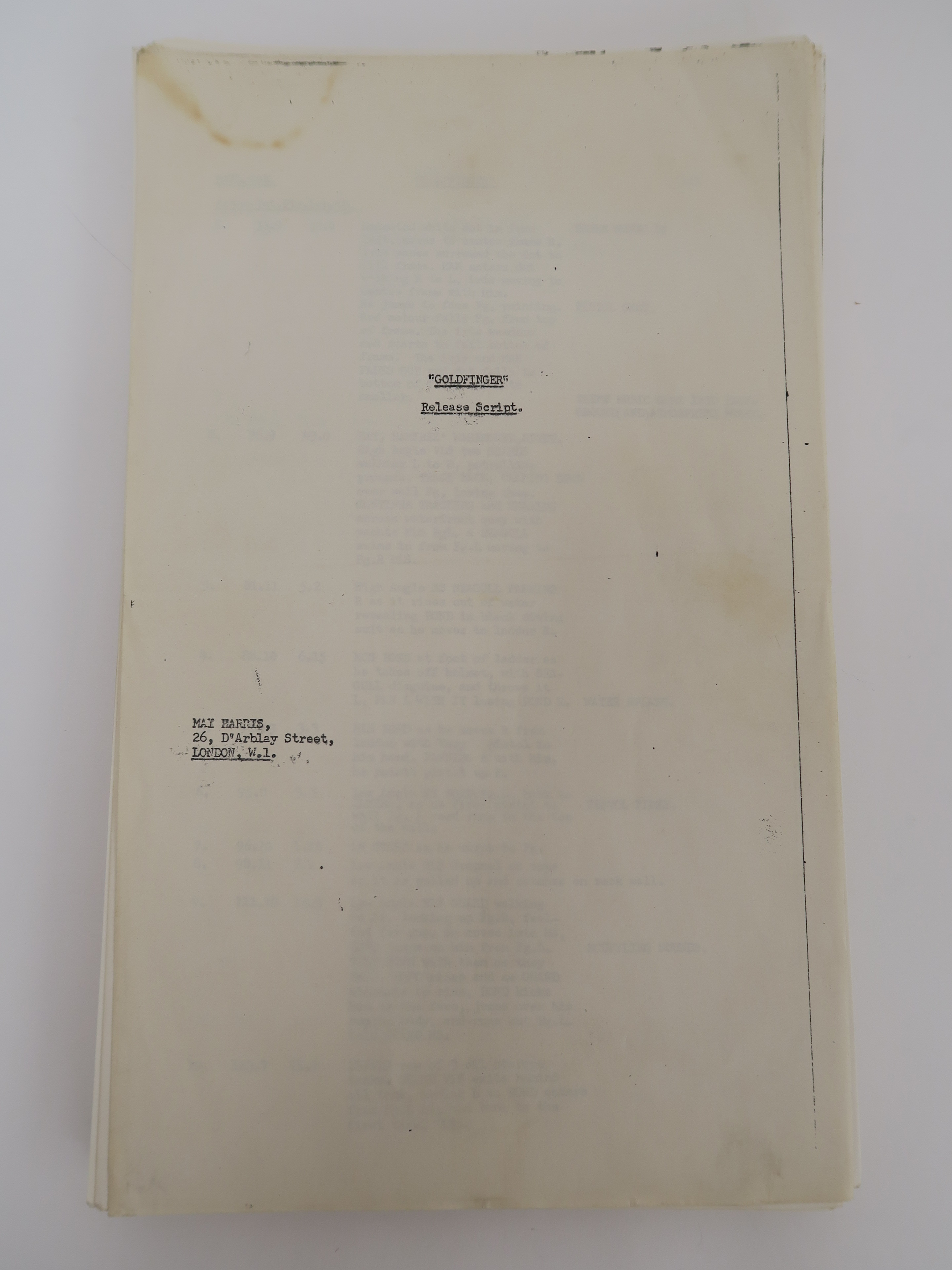 "Goldfinger" 1964 Release script with typed front cover "Mai Harris, 26, DArblay Street, London W.