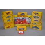 Twelve boxed Atlas Dinky Toys diecast model cars including 184 Volvo 122S and 262 Volkswagen Swiss