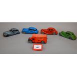 Five unboxed Wells Brimtoy diecast and tinplate clockwork models including a diecast Sunbeam Talbot