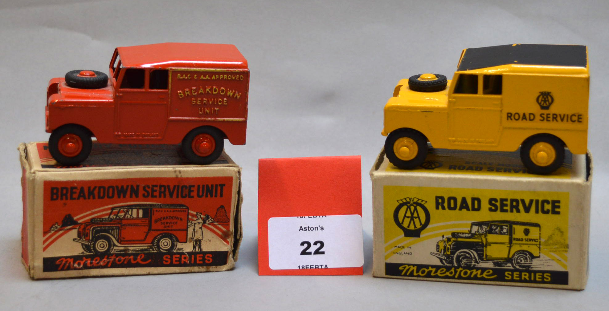 Two boxed Morestone Land Rover diecast models, an 'AA Road Service' version,