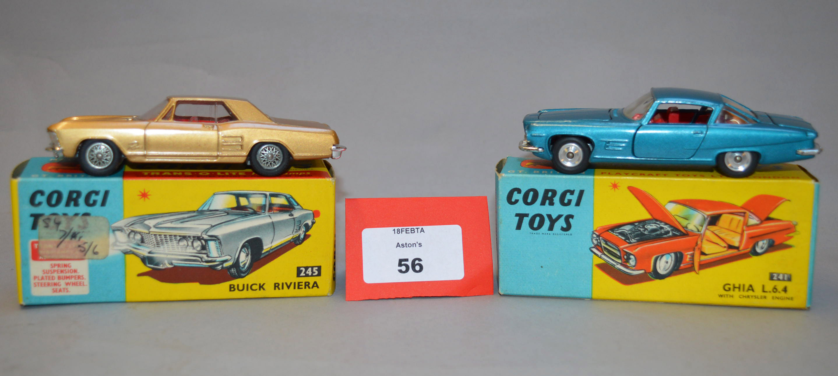 Two Corgi Toys: 245 Buick Riviera in gold with red interior, chrome trim and wire wheels, VG,